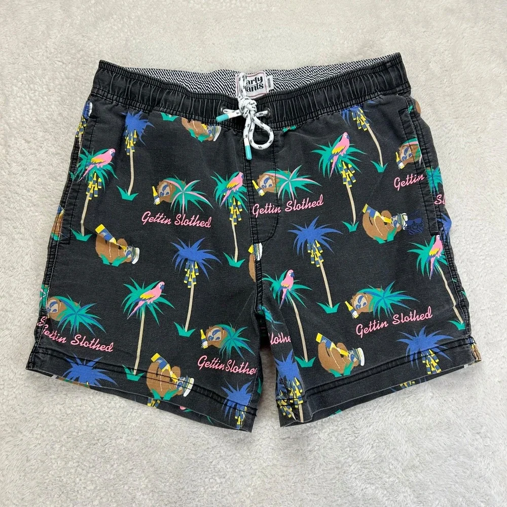 Party Pants Gettin Slothed Swim Trunks Shorts Mens M Black Palm Tree Graphic